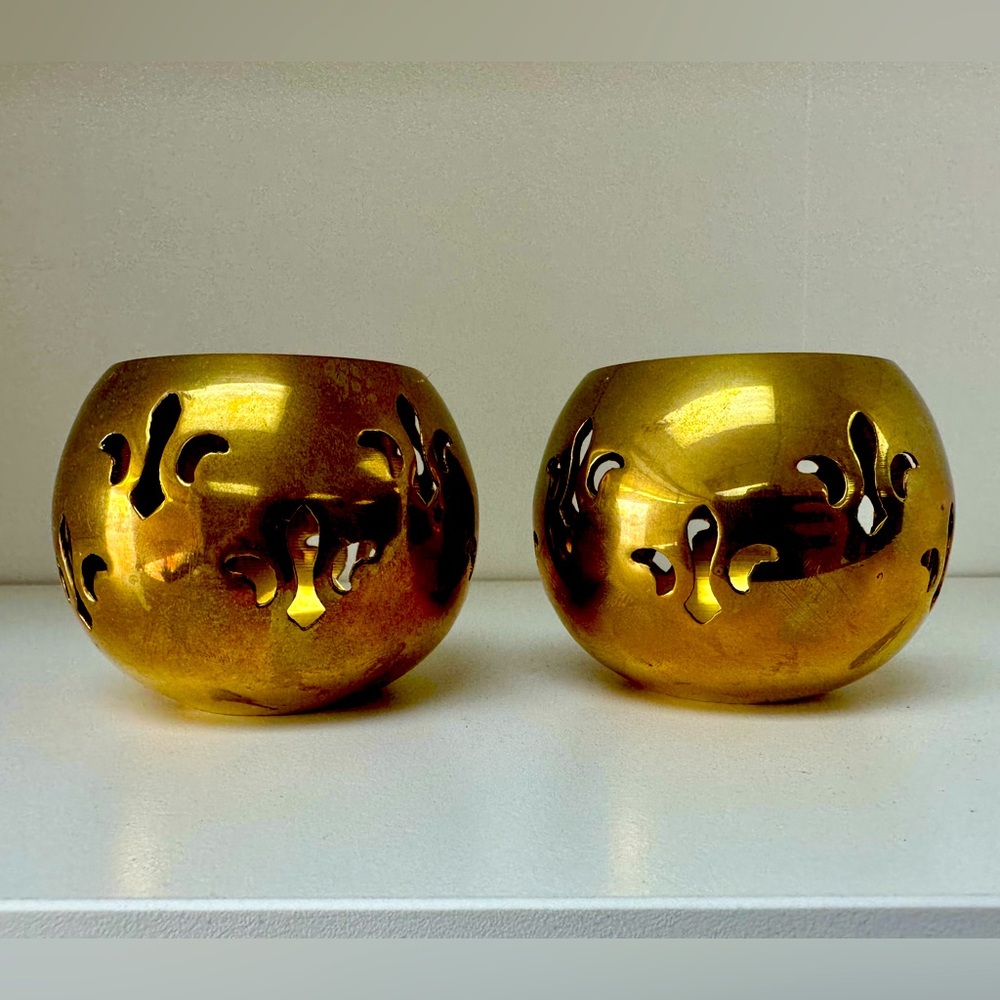 Vintage Solid Brass Tea light / Votive Candle Holders Cutout Set of Two